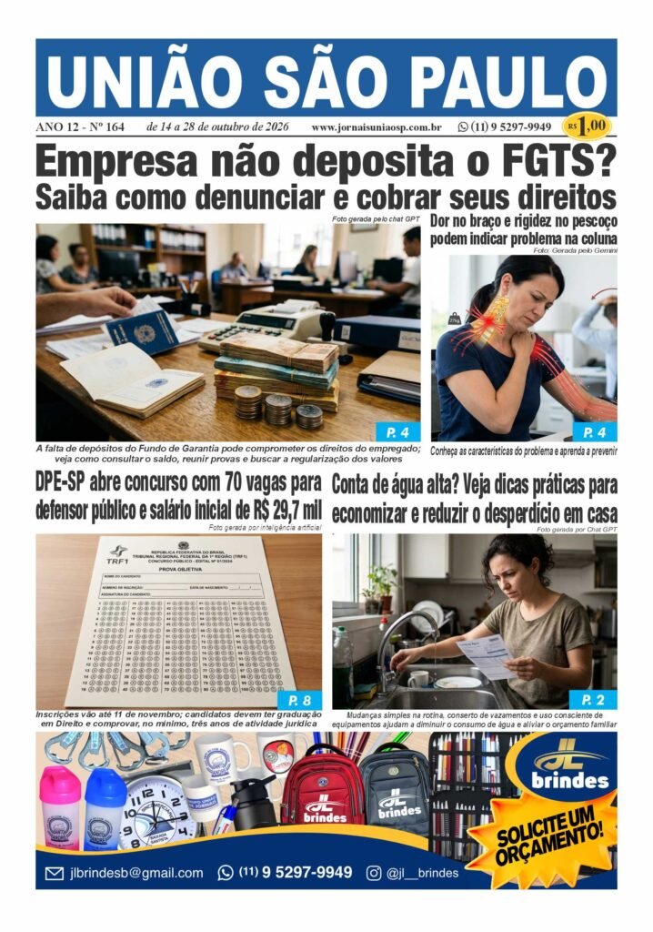 Confira a Edição 164 do Jornal União São Paulo. Destaques: como cobrar FGTS atrasado, concurso da DPE-SP com 70 vagas, dicas para economizar água e muito mais. Leia online!