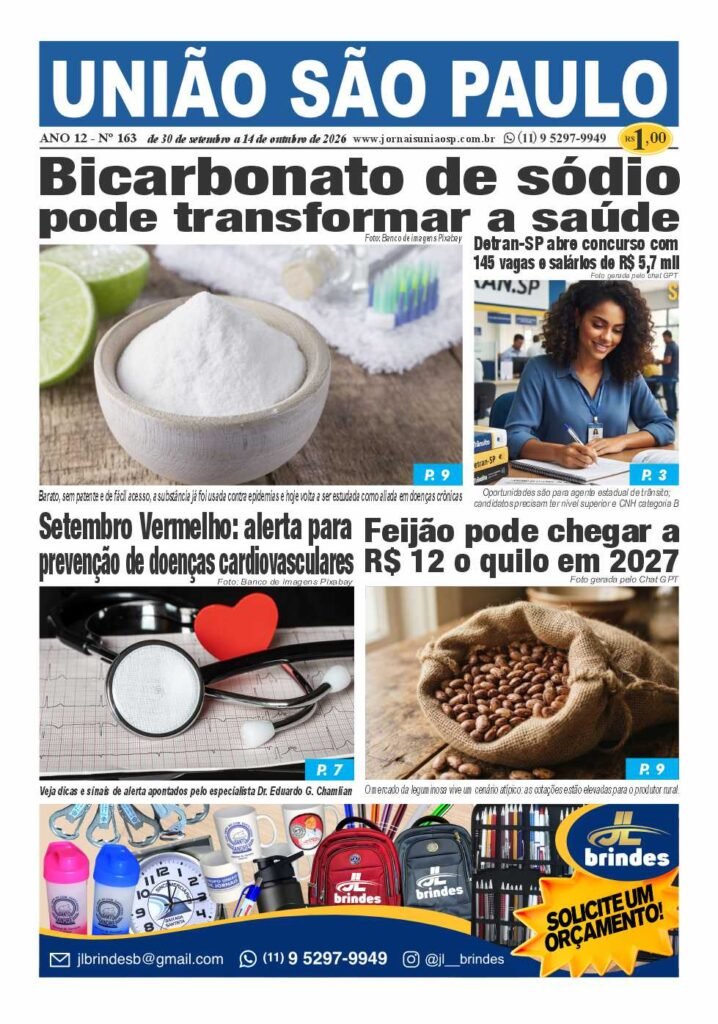 Capa do Jornal União São Paulo Edição 163 com destaques sobre concurso do Detran-SP, bicarbonato de sódio e saúde cardiovascular.
