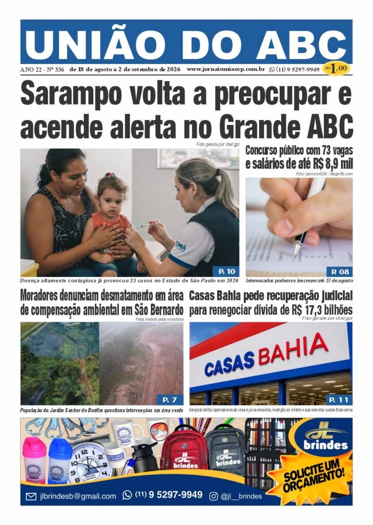 Capa do Jornal União do ABC nº 336 com manchete sobre alerta de sarampo no Grande ABC